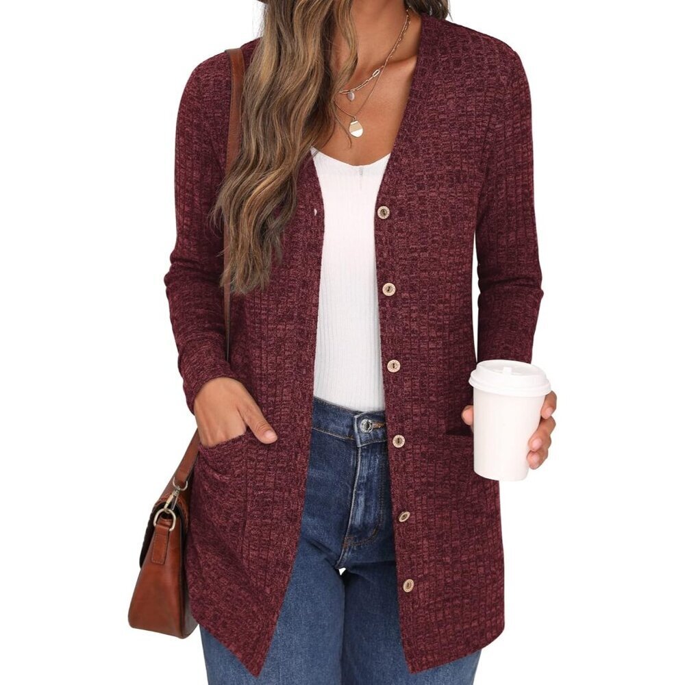 🆕Grecerelle Women Wine Red Front Button Down Ribbed Knit Lightweight Sweater